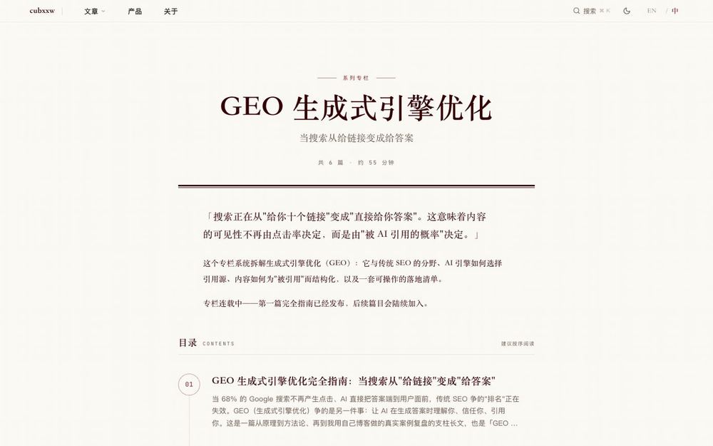 The GEO column landing page: six pieces, from principles through practice to measurement