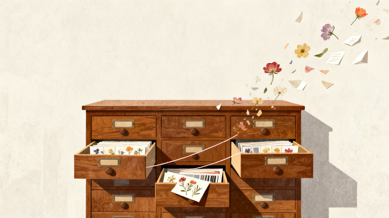 A quiet archive of linked memory cards illustrating Mem0 OSS v3 retrieval