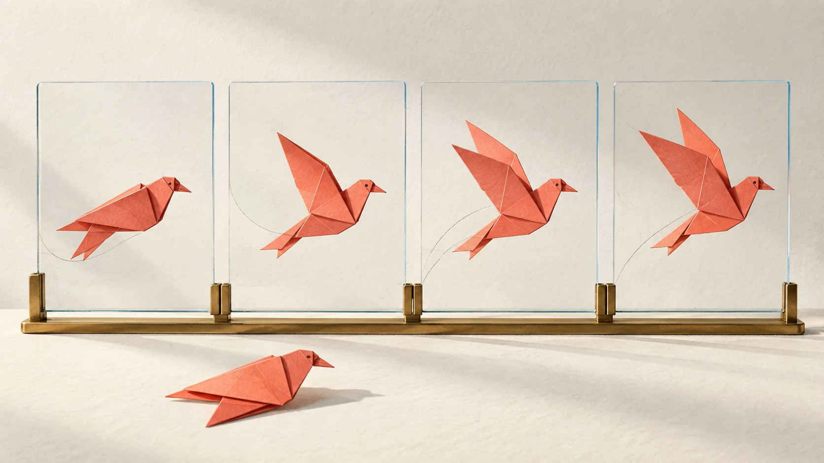 The same red origami bird moves through successive transparent frames, illustrating reusable rules and animation consistency