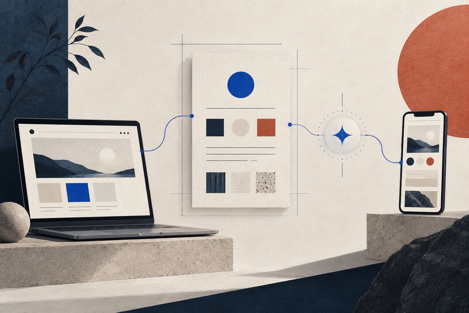 A design canvas connected by lines to desktop and mobile interfaces