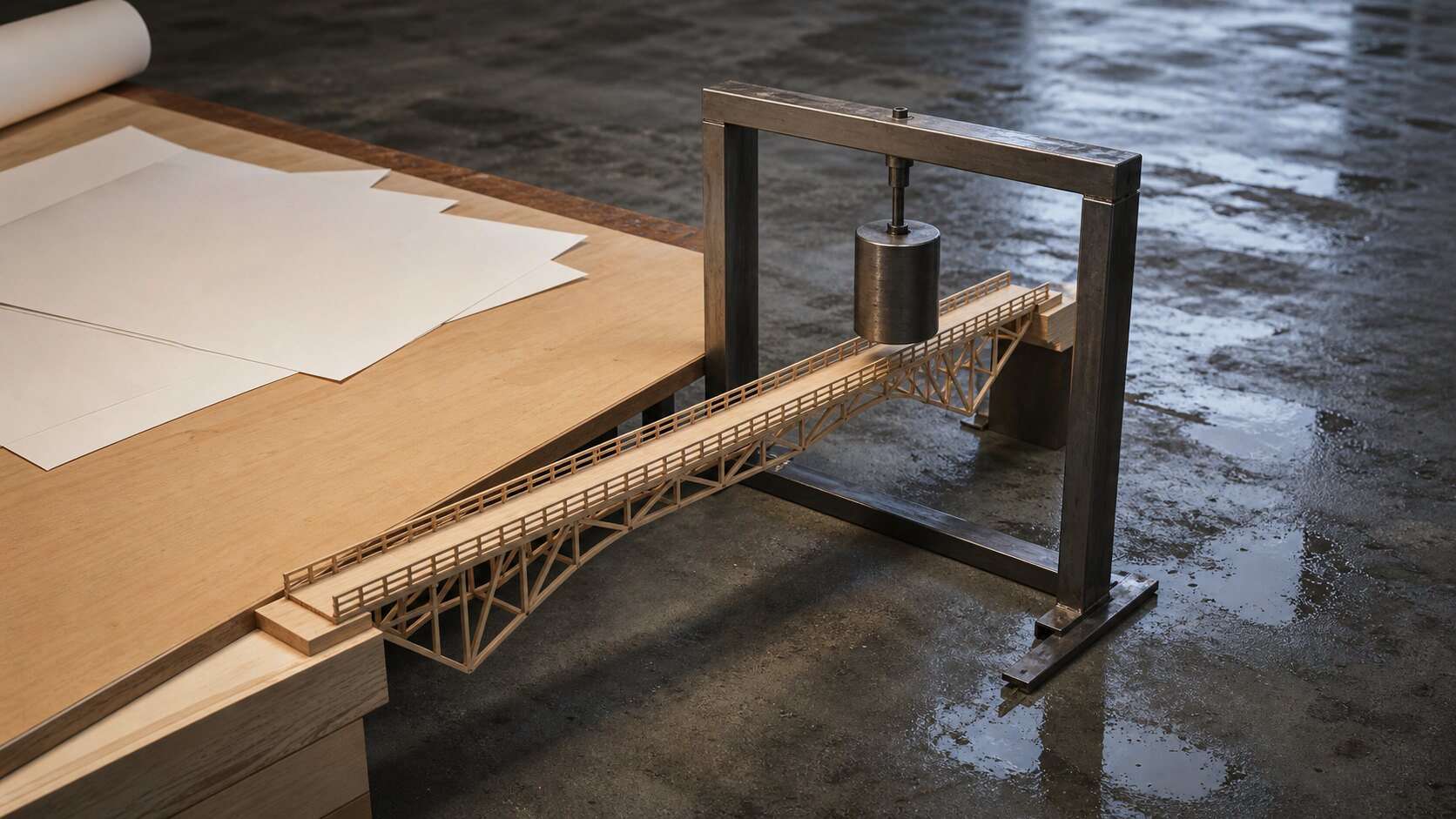 A precise wooden bridge extending from a drafting table into a steel load-testing rig