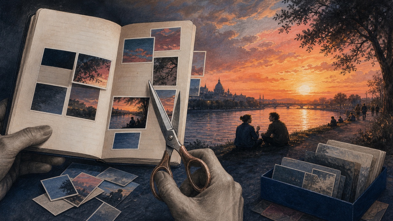 Notebook and scissors cutting a complete sunset into individual record cards
