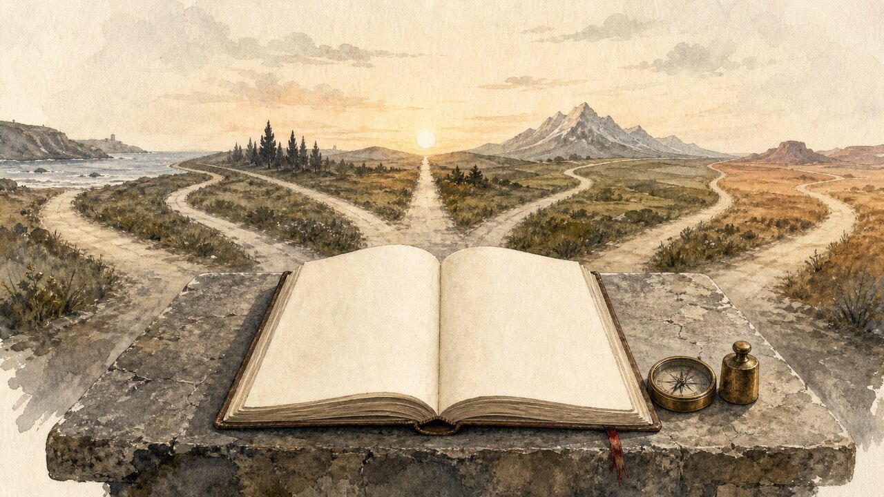 A blank ledger at the meeting point of seven roads