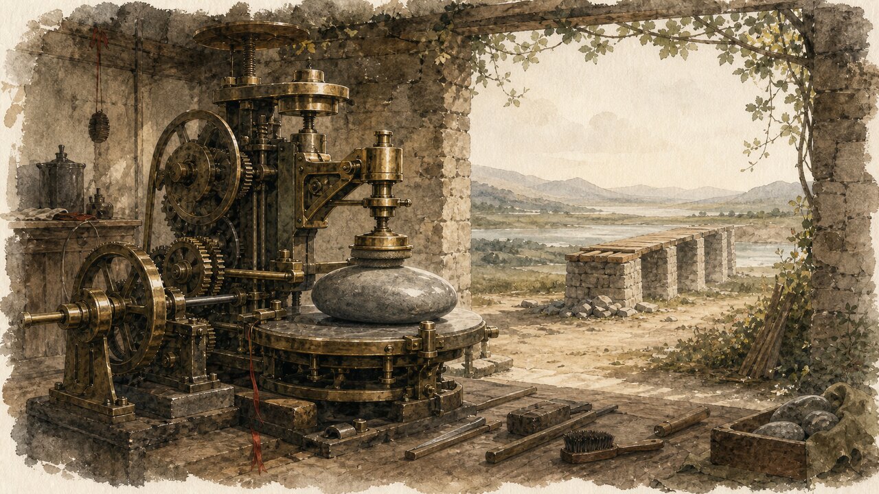 A precise machine keeps polishing a stone while a bridge waits outside