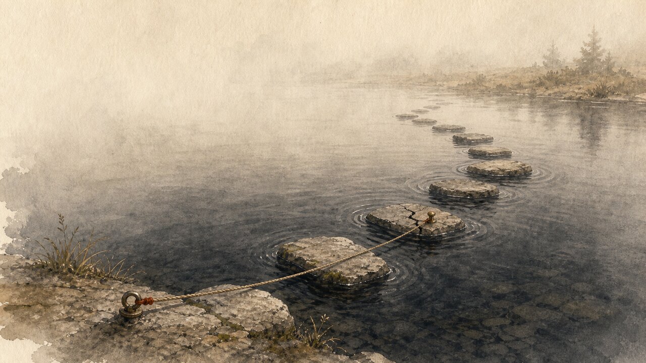 Stepping stones are tested across dark water with a safety rope
