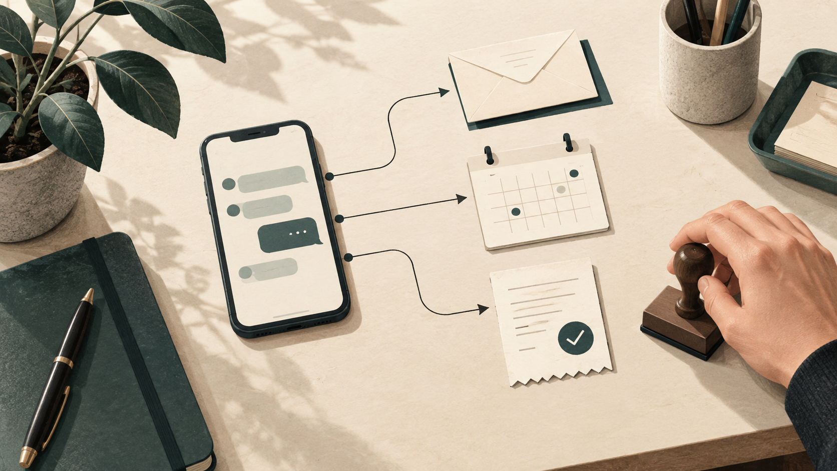 Concept illustration: a user delegates errands through a phone, with email, calendar, and completion receipts connected to the user's approval