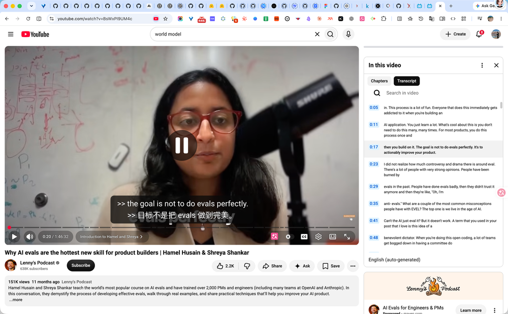 YouTube 上的 Evaluation 访谈：播放器显示中英双语字幕，右侧为标注自动生成的英文转录