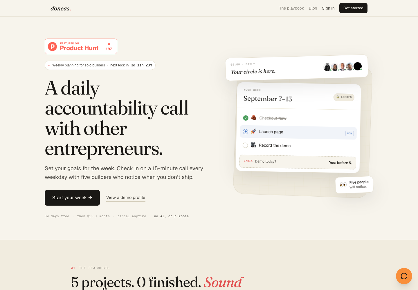 Doneas homepage showing a daily fifteen-minute call and an illustrative locked weekly plan