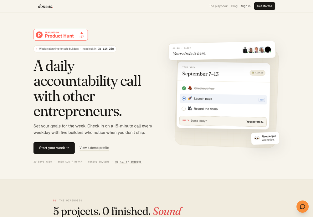 Doneas homepage, with its daily accountability call on the left and an illustrative locked weekly plan on the right
