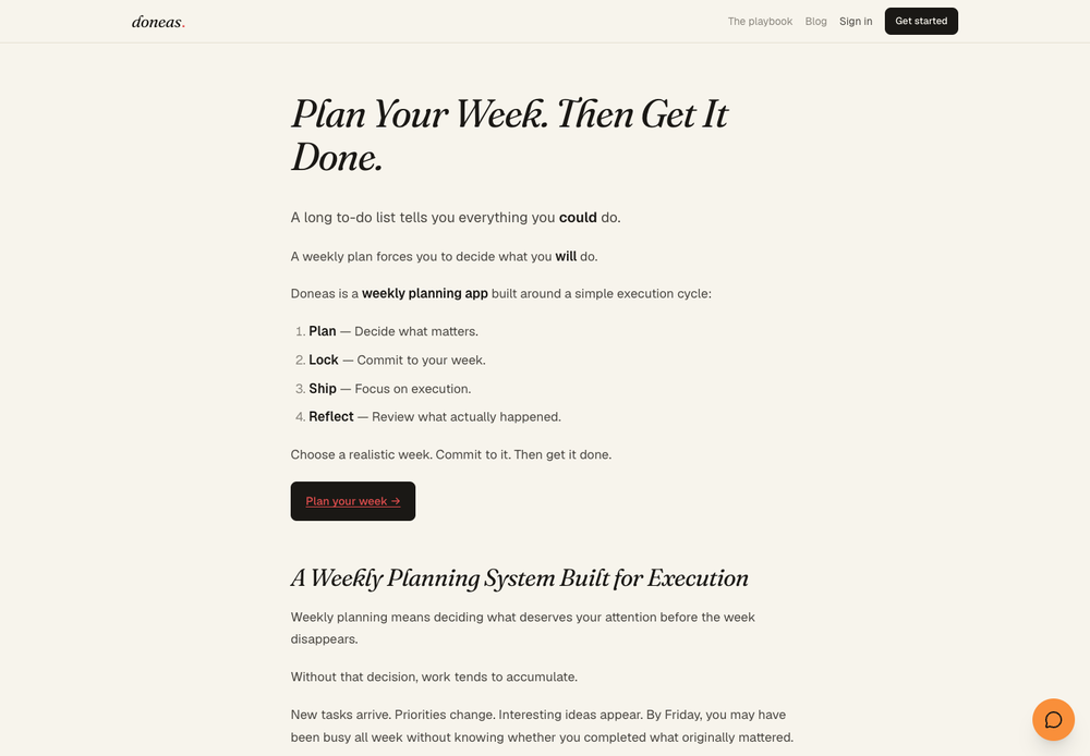 Doneas weekly planning page listing the four stages: Plan, Lock, Ship, and Reflect