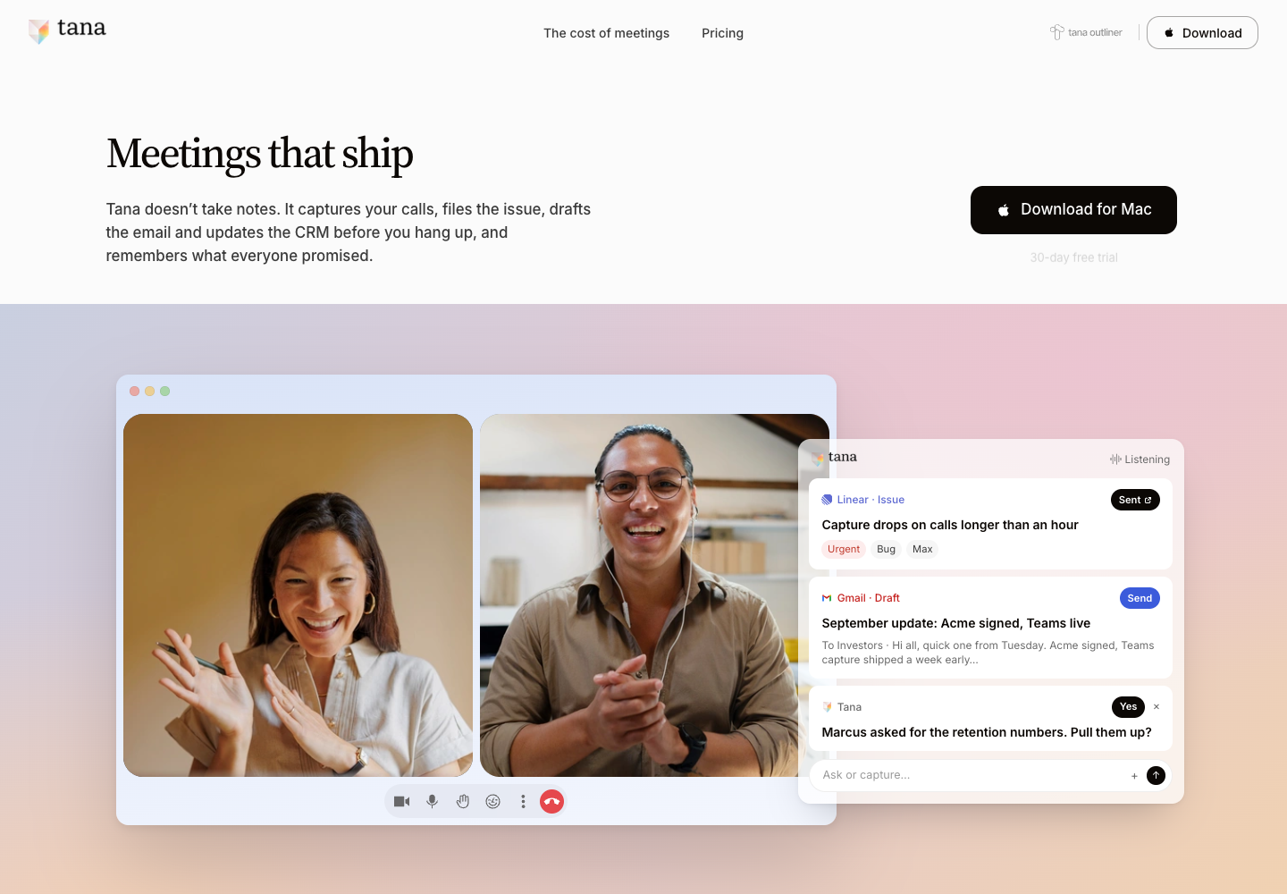 Tana website demo showing a Linear issue and an email draft beside a video meeting