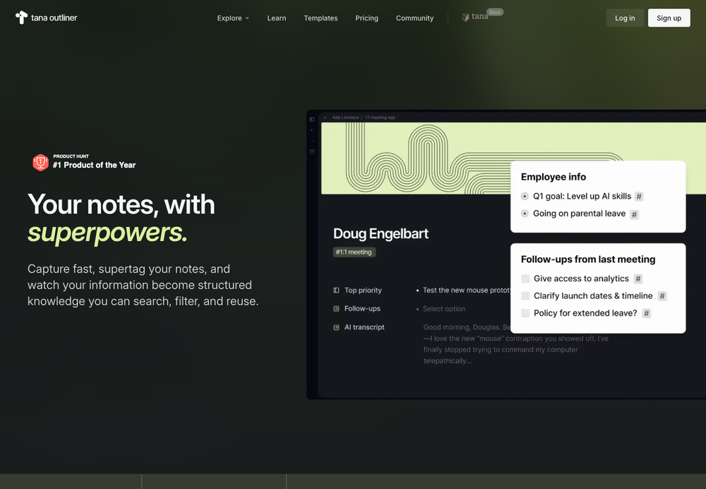 Tana Outliner homepage introducing structured notes on the left and showing meeting fields and follow-up tasks on the right
