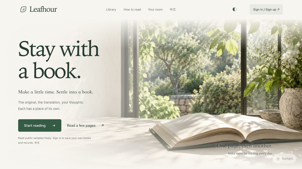 Leafhour homepage with the forest-green headline Stay with a book. beside an open book by a sunlit window