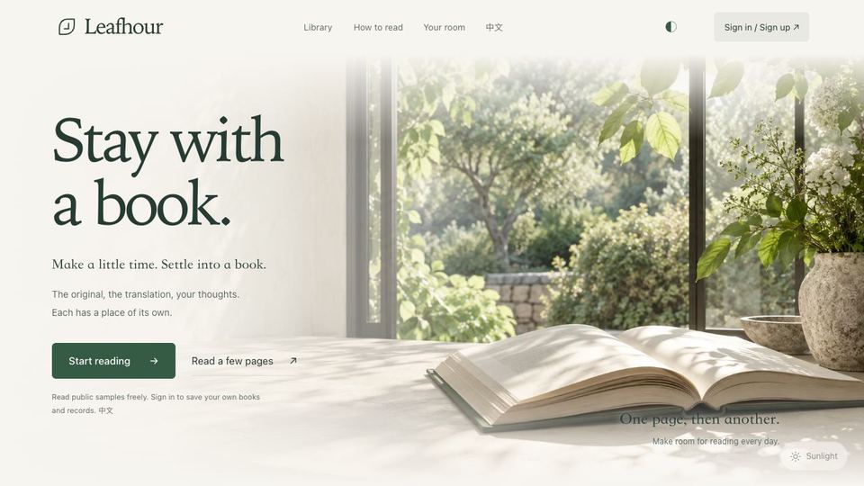 Leafhour homepage with the forest-green headline Stay with a book. beside an open book by a sunlit window