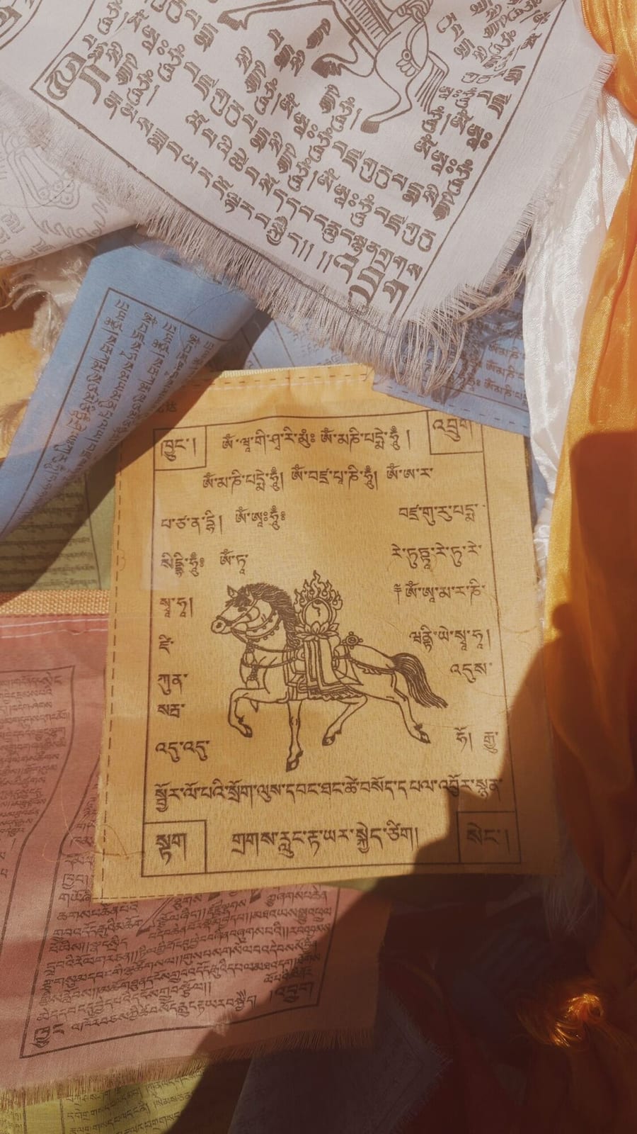 阳光下层层叠叠的经幡，印着风马和经文